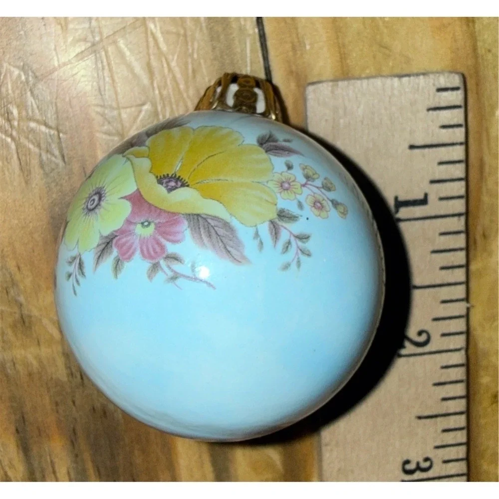 Vintage Christmas Ornament Light Blue Floral Glass Ball Gold Tone Cap glass